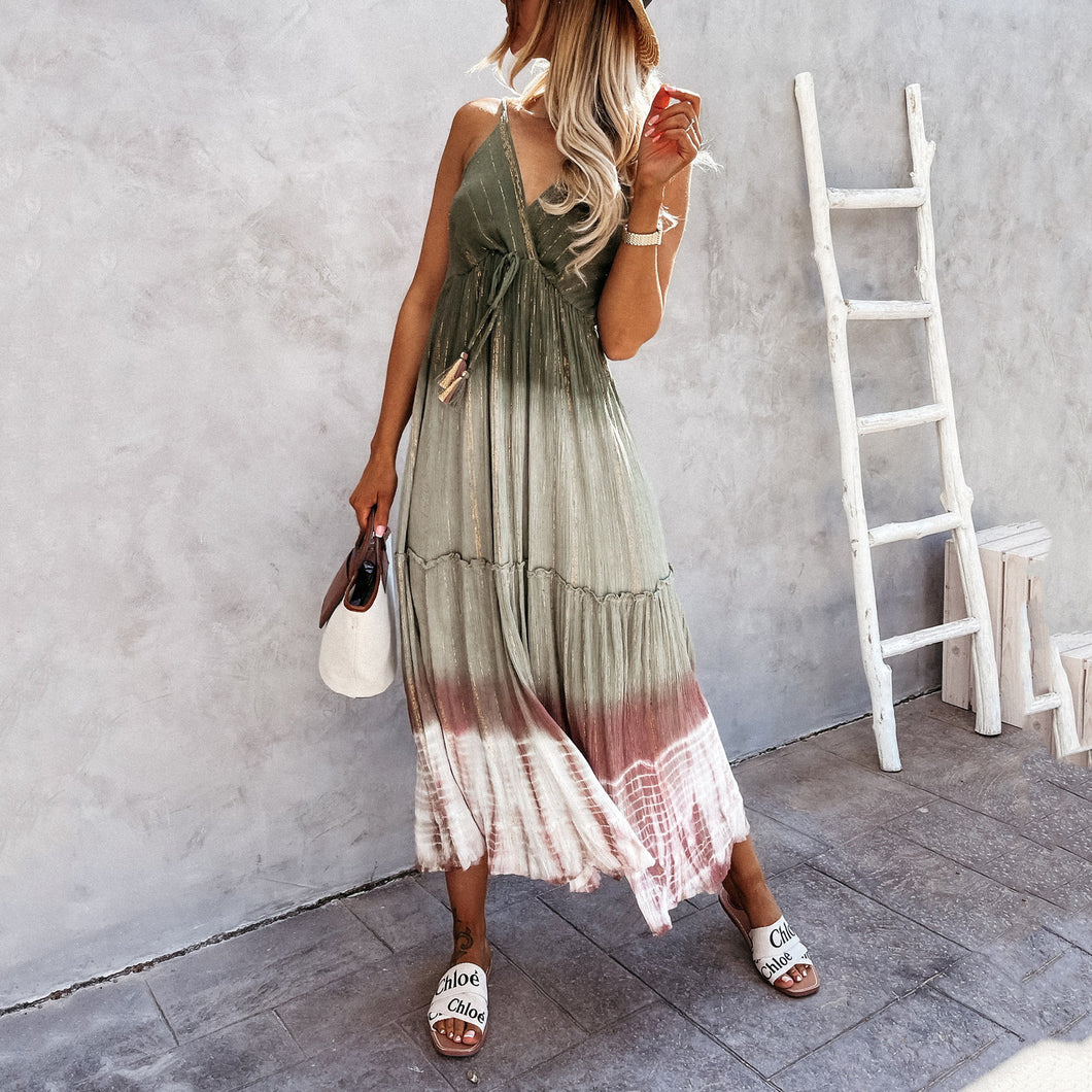 Tie Dye V Neck Halter Sling Maxi Dress