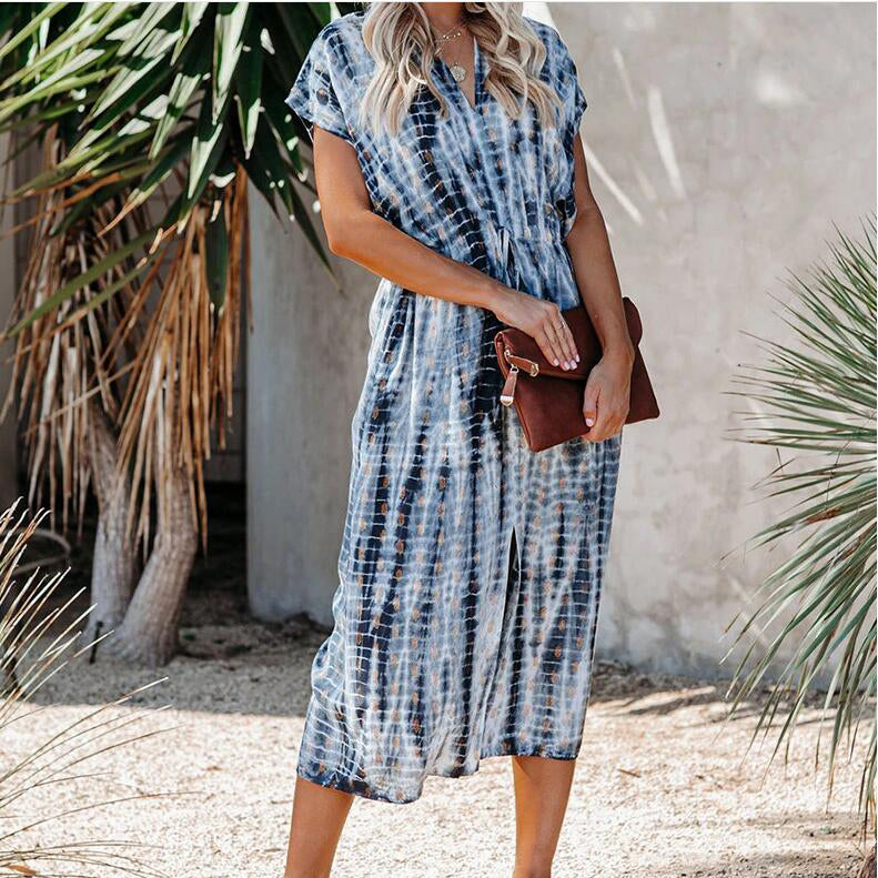 Printed V-Neck Slit Dress With Belt