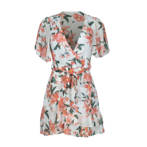 Deep V-Neck Floarl Print Short Sleeve Dress