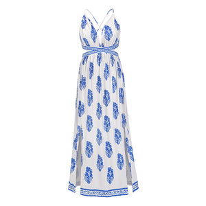 Printed Slit Backless Lace Up Vacation Maxi Dress