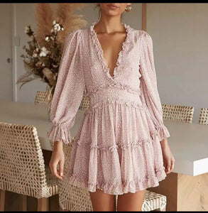 V-Neck Puff Sleeve Mini Dress
