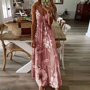 V-Neck Suspender Floarl Printed Dress