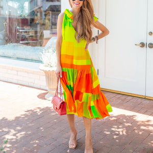 V Neck Simple Lace Up Prined Maxi Dress